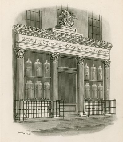 Winkelgevel van Godfrey en Cooke, Chemists, Conduit Street, Londen door Nathaniel Whittock